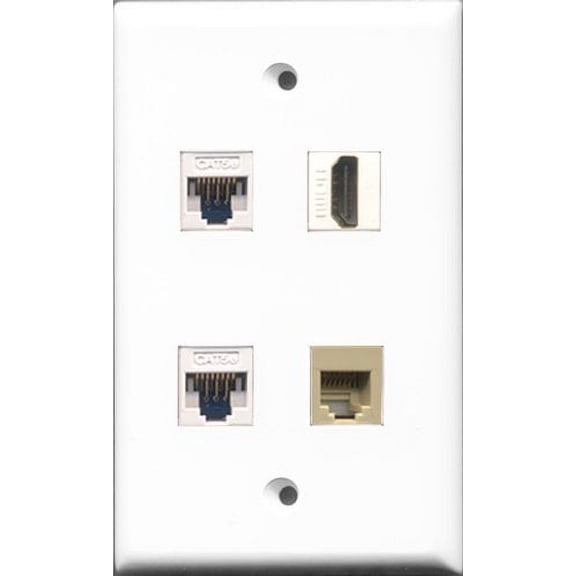 RiteAV - 1 Port HDMI and 1 Port Phone RJ11 RJ12 Beige 2 Port Cat5e Ethernet White Wall Plate