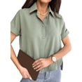 thumbnail image 3 of QAFOPEH Women Lapel Collar Short Sleeve Button High Low Hem Solid Color Top, 3 of 5