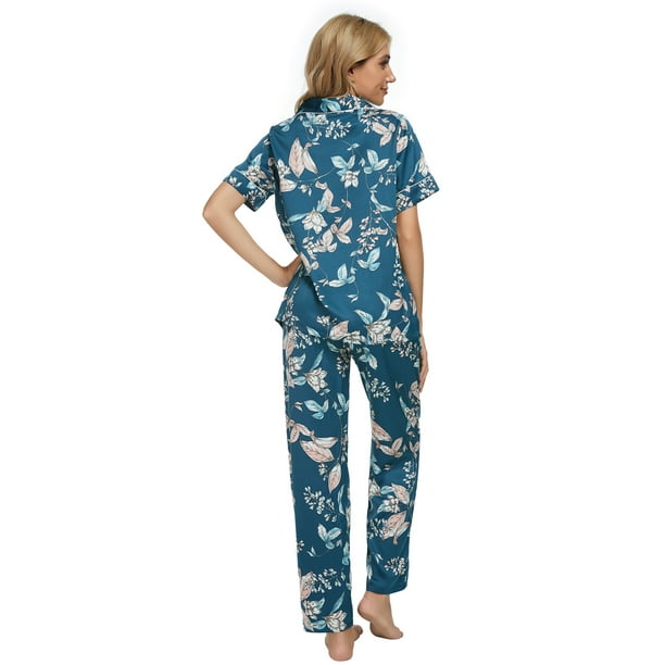 MintLimit Womens Silk Satin Pajamas Set Short Sleeve Loungewear Two-Piece  Sleepwear Button-Down Pj Set L