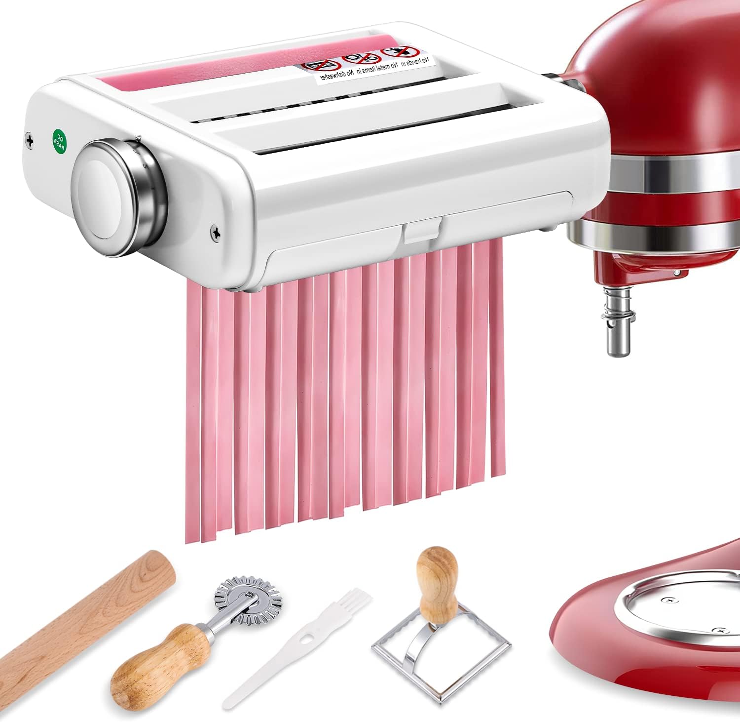 Pasta Attachment for Kitchenaid Mixer 3 in 1 Pasta Maker Accessories Including Pasta Sheet Roller Spaghetti Cutter Fettuccine Cutter with 2 Ravioli Stamp Cutters 1 Cleaning Brush 1 Rolling Pin