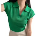 thumbnail image 4 of Camisas de punto de manga corta para mujer, cuello vuelto, Color puro, blusa adelgazante para mujer, Top para viajes de la vida diaria, 4 of 8