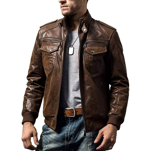 FLAVOR Men Biker retro Brown Leather Motorcycle Jacket Genuine Leather jacket (X-Small, Brown)