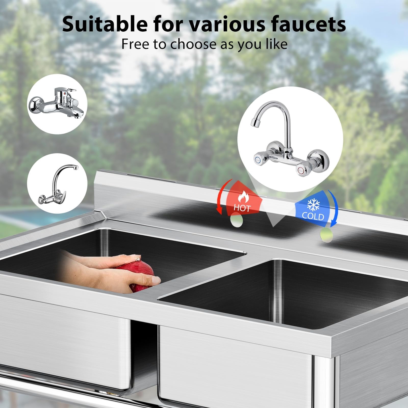 Zzistar Freestanding Double Bowl Laundry Sink ,Stainless Steel Sinkwith Hot & Cold Hoses, Outdoor Camping Utility Sink for Garage