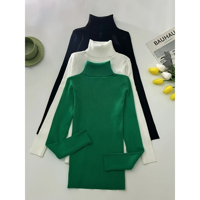 Lot de 3 Chandails à Col Roulé Tricotés pour Femmes, Doux et Confortables, Couleurs Unies, Chandails d'Hiver