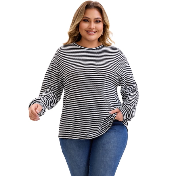 Blusa básica casual de manga larga con puños elásticos a rayas para mujer de tallas grandes Agnes Orinda 5X negra