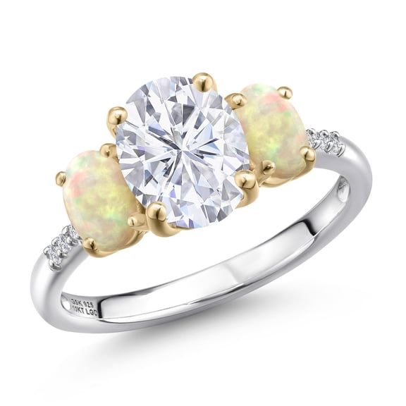 Gem Stone King 925 Silver and 10K Yellow Gold White Moissanite and White Ethiopian Opal and Lab Grown Diamond Engagement Ring for Women | 2.80 Cttw | Oval 9X7MM | Birthstone | Size 6