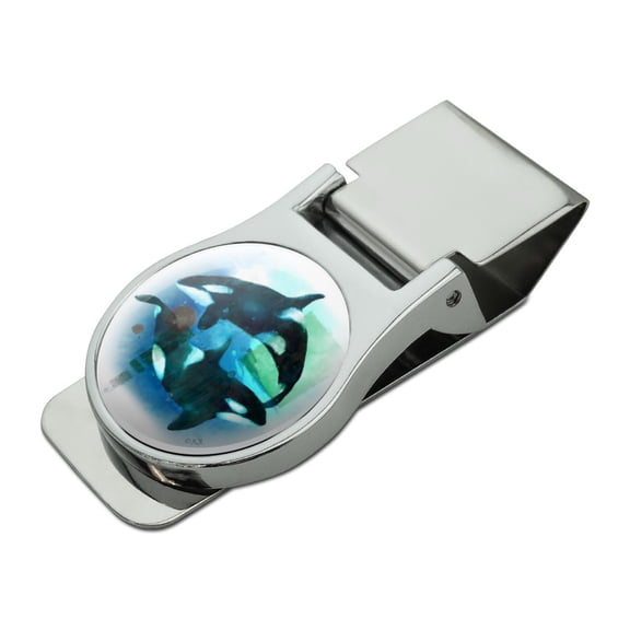 Orcas Killer Whales Watercolor Yin Yang Satin Chrome Plated Metal Money Clip
