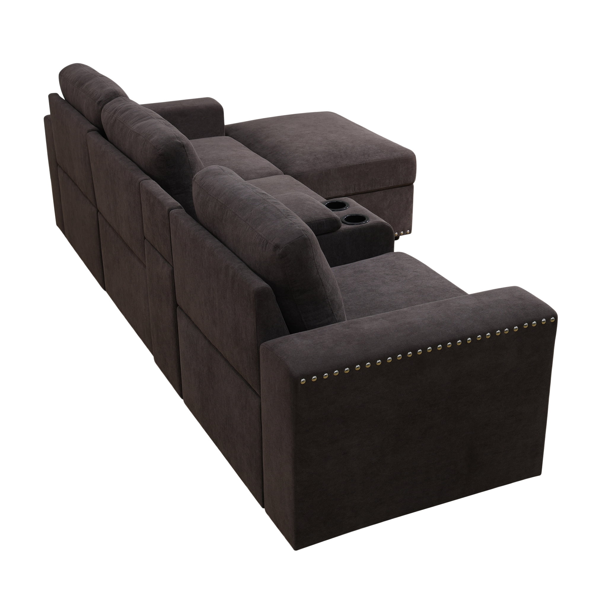 Aukfa 130" Oversized Sectional Sofa w/ Cupholder & Console 4 Seat Couch with Ottoman for Living Room, Brown