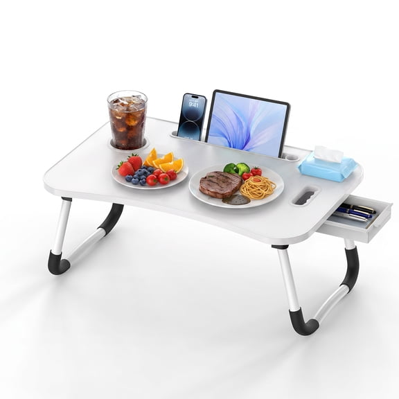 NEW Upgraded Foldable Laptop Bed Desk Tray Stand with Cup Holder & Storage Drawer, Large Portable Lap Tray for Bed & Sofa Use, Modern Storage Design for Study, Reading, Writing & Eating (Computers &