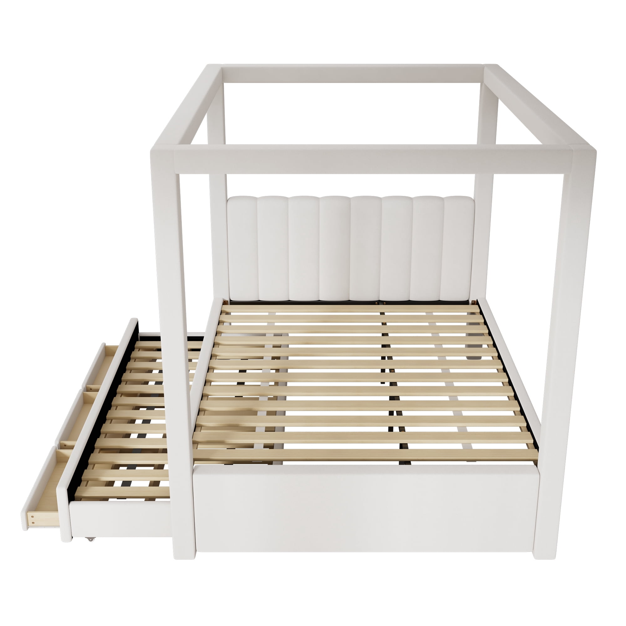 Euroco Upholstery Canopy Queen Platform Bed with Twin Trundle and 3 Drawers, Beige