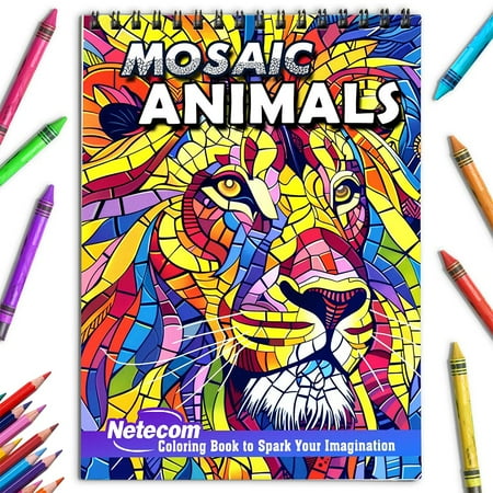 Netecom Mosaic Animals Coloring Book for Adults Spiral Bound Soft Cover