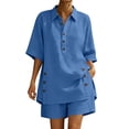 thumbnail image 3 of akafmk Womens Linen 2 Piece Sets Summer Button Down Collared Short Sleeve Shirts Shorts Set with Pockets Matching Set Fashions Vacation Outfits, 3 of 7