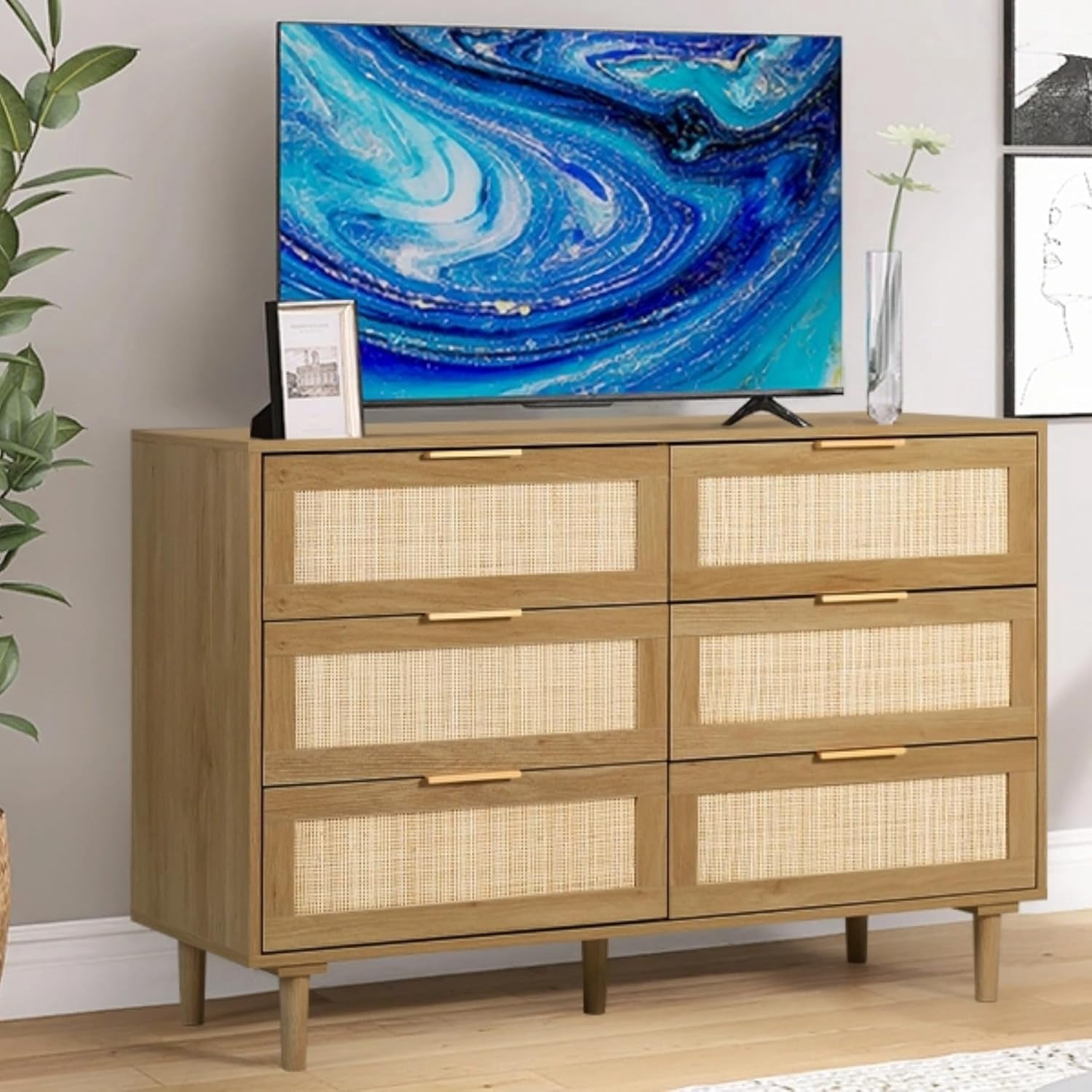 LAZZO 6-Drawer Rattan Dresser, Modern Chest of Drawers, Wooden Storage Organizer for Bedroom, Living Room & Hallway, Brown