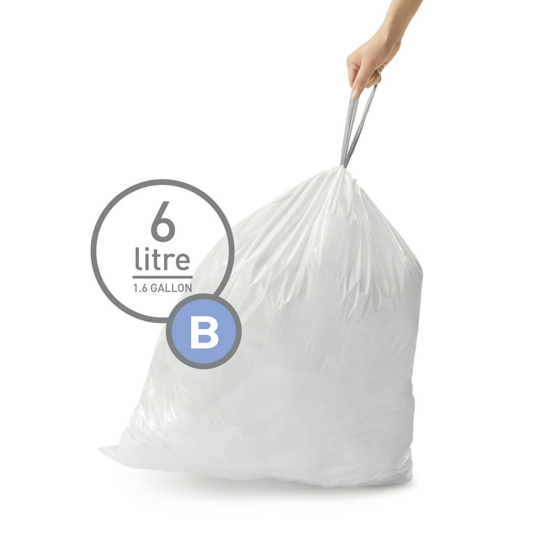 simplehuman Code B Custom Fit Drawstring Trash Bags, 6 Liter / 1.6 Gallon, White, 150 Count