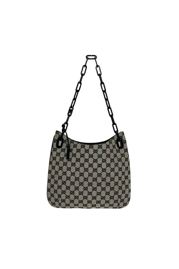 Pre-Owned GUCCI GG Logo Pattern Canvas Leather Plastic Chain Semi One Shoulder Bag Handbag Gray...