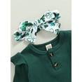 thumbnail image 6 of Musuos Baby Girl Spring Outfit 3 6 12 18M Solid Color Long Sleeve Crew Neck Romper Green Clover Print Flare Pants Bow Headband 3Pcs Set, 6 of 10