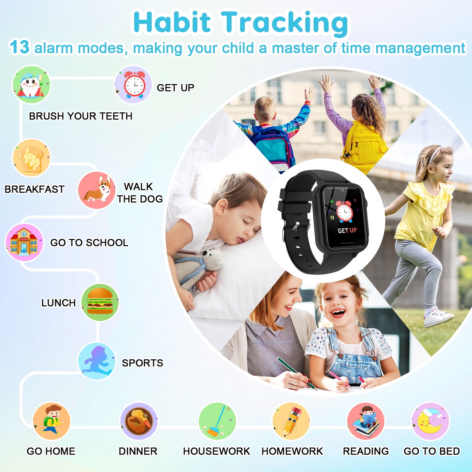Eurhowing Kids Smart Watch Age 3-12, 31 Games, Learning Cards, HD Touch Screen, Camera, Music, Audiobook, Pedometer, Fun & Educational Birthday Gift Idea, Black
