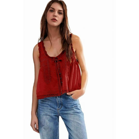 Women Summer Boho Tie Front Tops Lace Beach Button Down Tank Top Sleeveless Mesh Chiffon Crop Tops Y2k Clothes 2025 Claret L