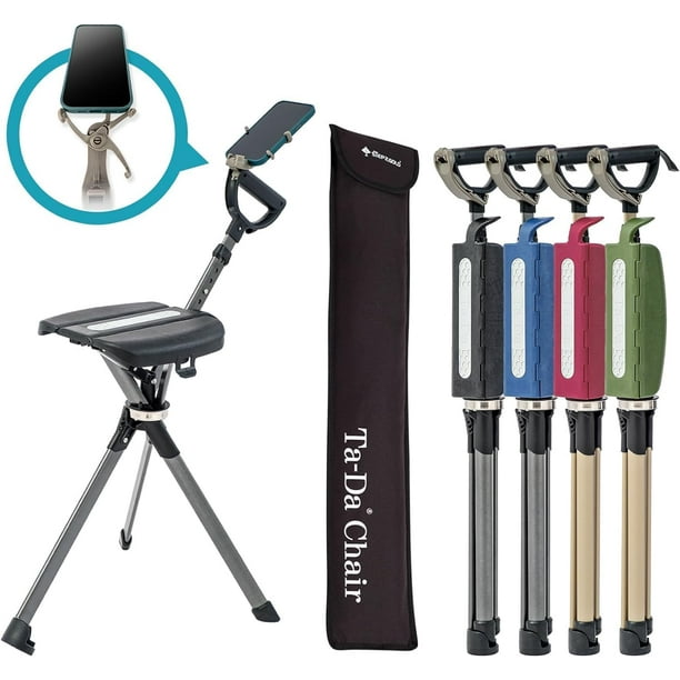 STEP2GOLD Ta-Da Chair Series 2 PRO, Bastón Portátil, Bastón con Asiento, Silla Plegable, Bastón de Senderismo, para Camping, Senderismo, Aluminio Ligero, Fácil de Transportar, Antideslizante (Negro)