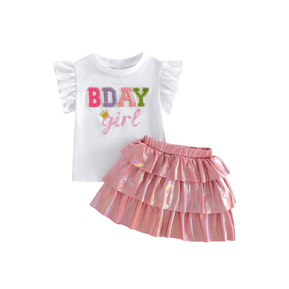 BemeyourBBs 2Pcs Toddler Baby Girl Birthday Outfit 1 2 3 4 5 6 7 Years Birthday Summer Clothes Flying Short Sleeve Letters Crown Embroidery T Shirt Tops with Laser Layered Ruffle Tutu Skirt Set