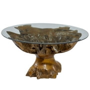 DecMode 38" x 19" Brown Teak Wood Handmade Live Edge Tree Stump Coffee Table with Clear Glass Top, 1-Piece