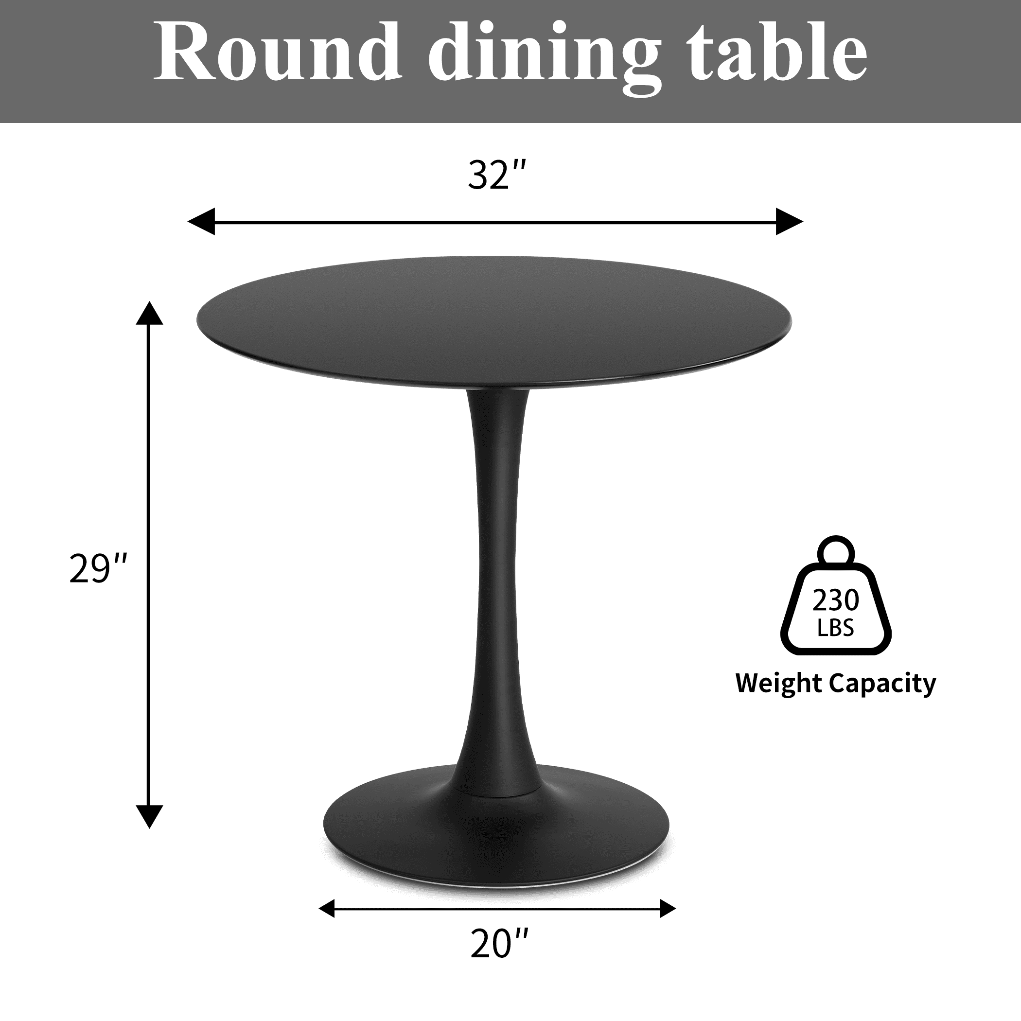 32" Round Dining Table/Tulip Table, Mid Century Modern Wood Dining Table, Black