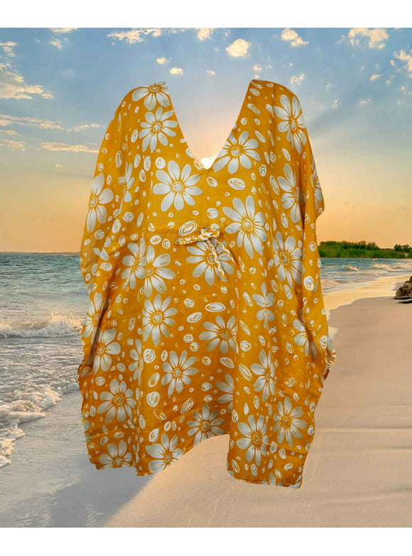 Mogul Women Midi Kaftan Dress Orange White Printed Travel dress M-XL