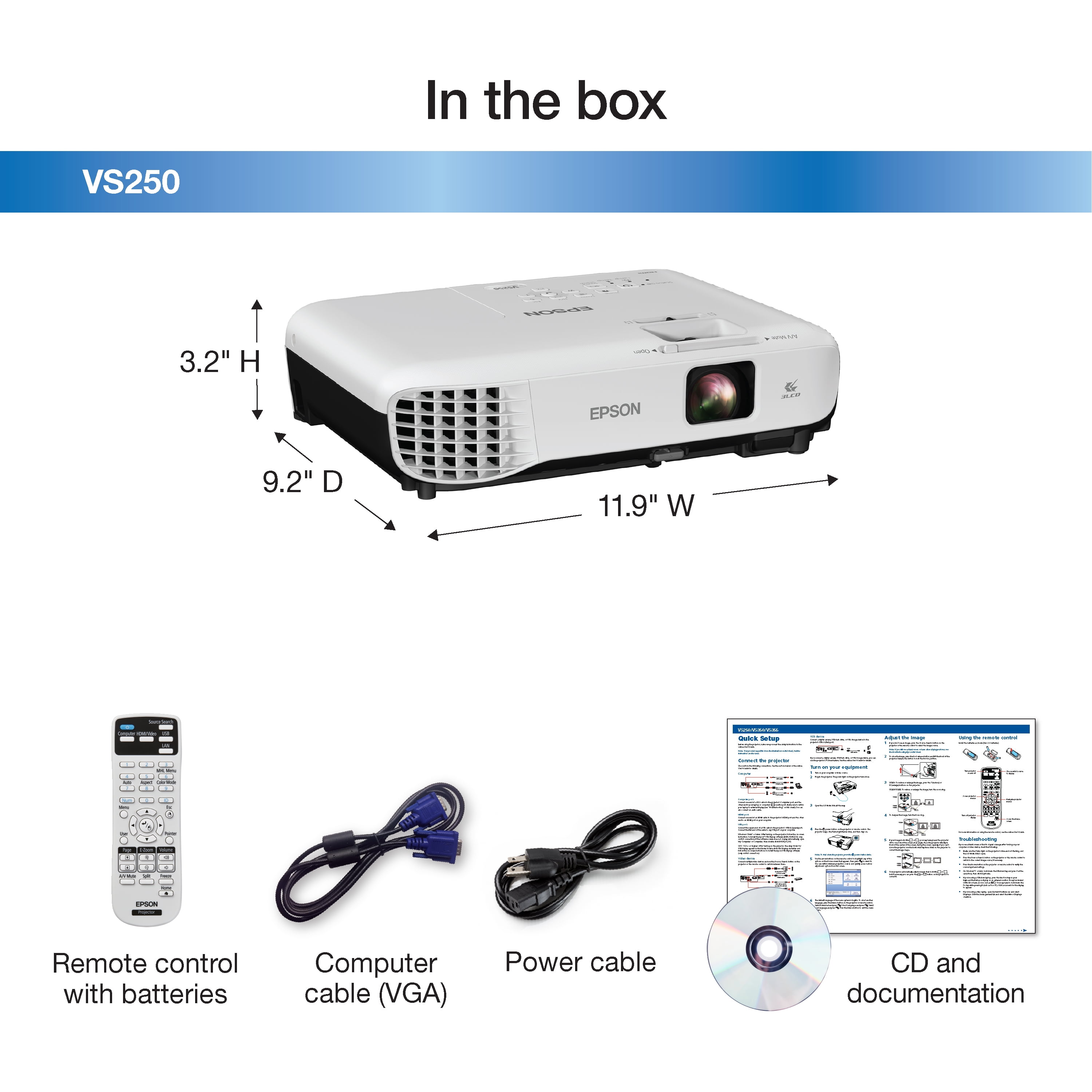 Epson VS250 SVGA 3,200 lumens color brightness (color light output) 3,200  lumens white brightness (white light output) HDMI 3LCD projector