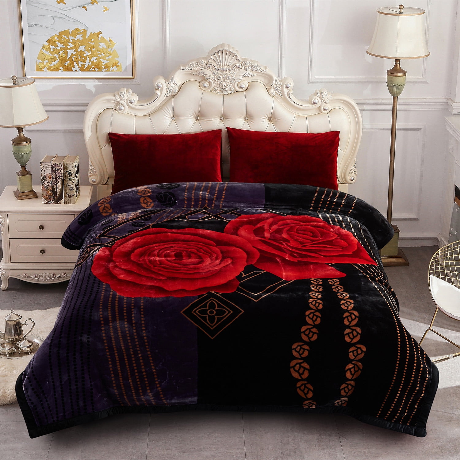 10lbs Heavy Thick A&B Pattern Blanket 2Ply Reversible - Thick Warm Plush Korean Style Bed Blanket, King Size Fleece Plush Blanket, Soft Winter Blanket For Adult 87" x 95", Black Purple & Rose