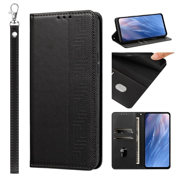 Feishell Wallet Case For Samsung Galaxy S25 Edge, Premium PU Leather Flip Folio Cover with RFID Blocking Card Slots Cash Pocket Kickstand Wrist Strap Embossed Pattern Shockproof Phone Case,Black