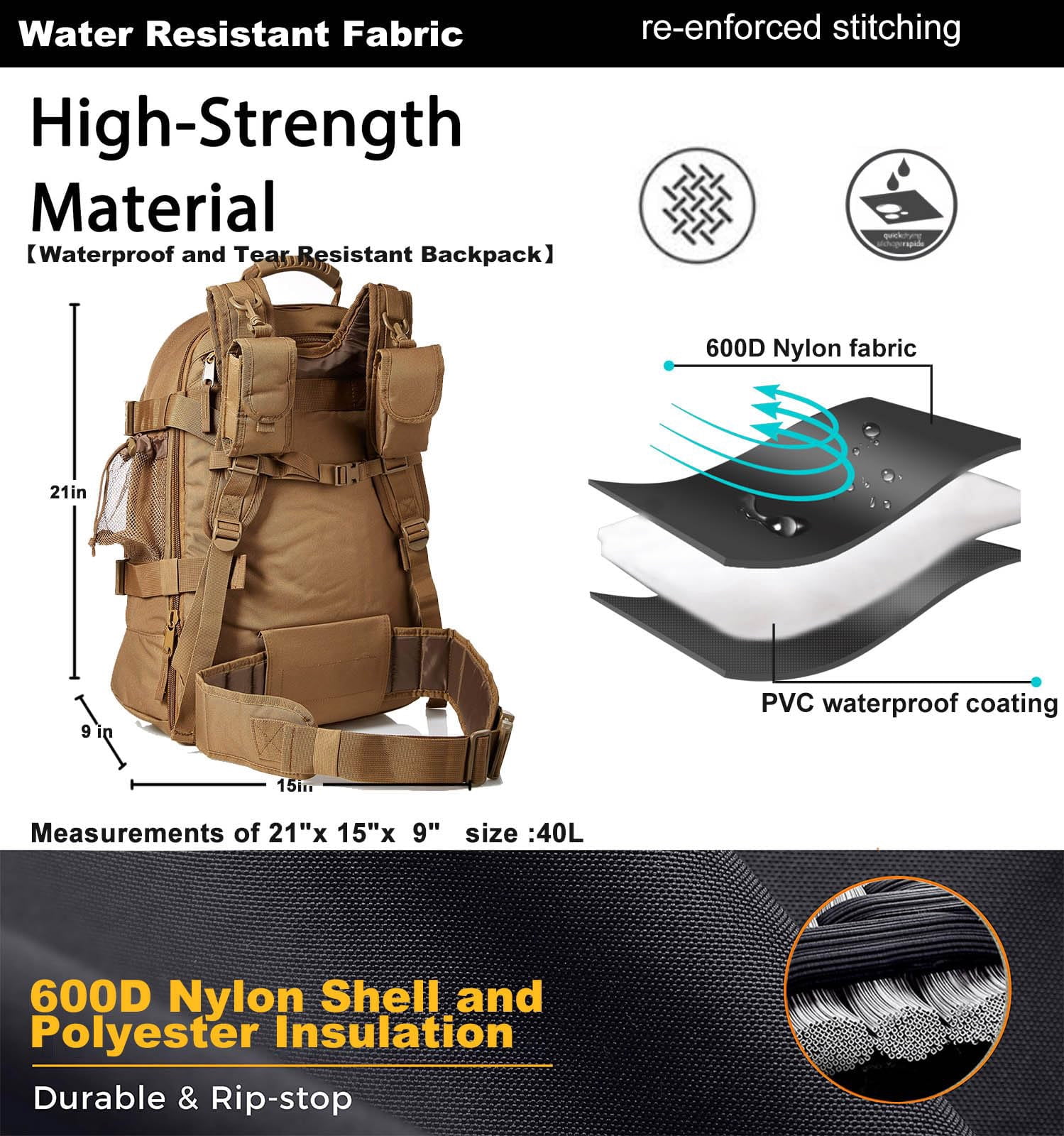 WolfWarriorX Water-Resistant 40 L Backpacking Backpacks, Beige