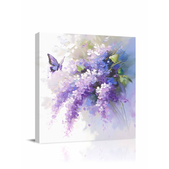 Oil Painting Canvas Wall Art, Art Purple Lavender Butterfly Framed Wall Decor Modern Artwork Prints Painting for Living Room, Bedroom, Kitchen & Cafe Decor 16x16 Inch