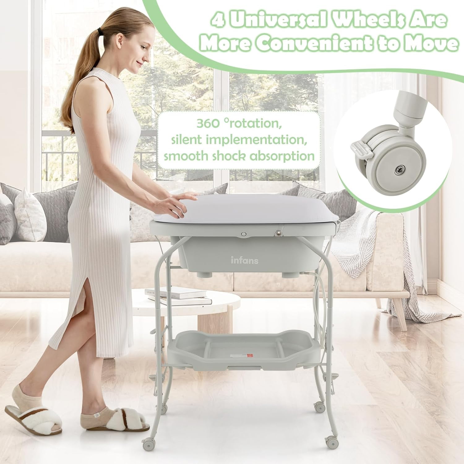 INFANS 2 in 1 Baby Changing Table with Bath Tub Unit, Folding Diaper Dresser Station with Wheels Waterproof Pad Storage Rack, Portable Nursery Organizer Stand for Newborn Infant (Light Grey)
