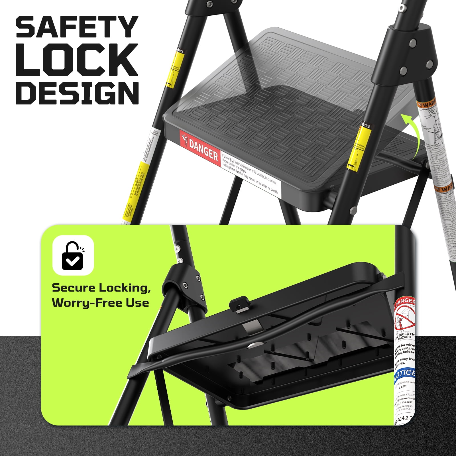 LevLad 2 Step Folding Ladder, Sturdy Steel Step Stool with Handrail & Auto Safety Lock, Ideal for Kitchen, Garage & Outdoor, Black