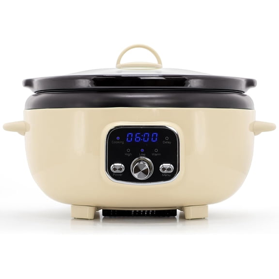 3.7-Quart Oval Electric Digital Slow Cooker with Removable Ceramic Pot, Cream with Black Pot