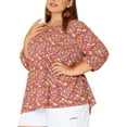 thumbnail image 4 of Agnes Orinda Women's Plus Size Tops Babydoll Keyhole Ruffle 3/4 Sleeve Floral Blouses 2X Red, 4 of 6