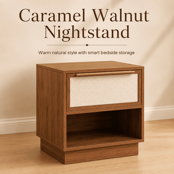 YAURA Rattan-Look Nightstand with Drawer & Open Shelf, 22" Wide Wood Bedside Table, Boho Japandi Side Table with Woven Front, Layered Storage for Bedroom & Living Room