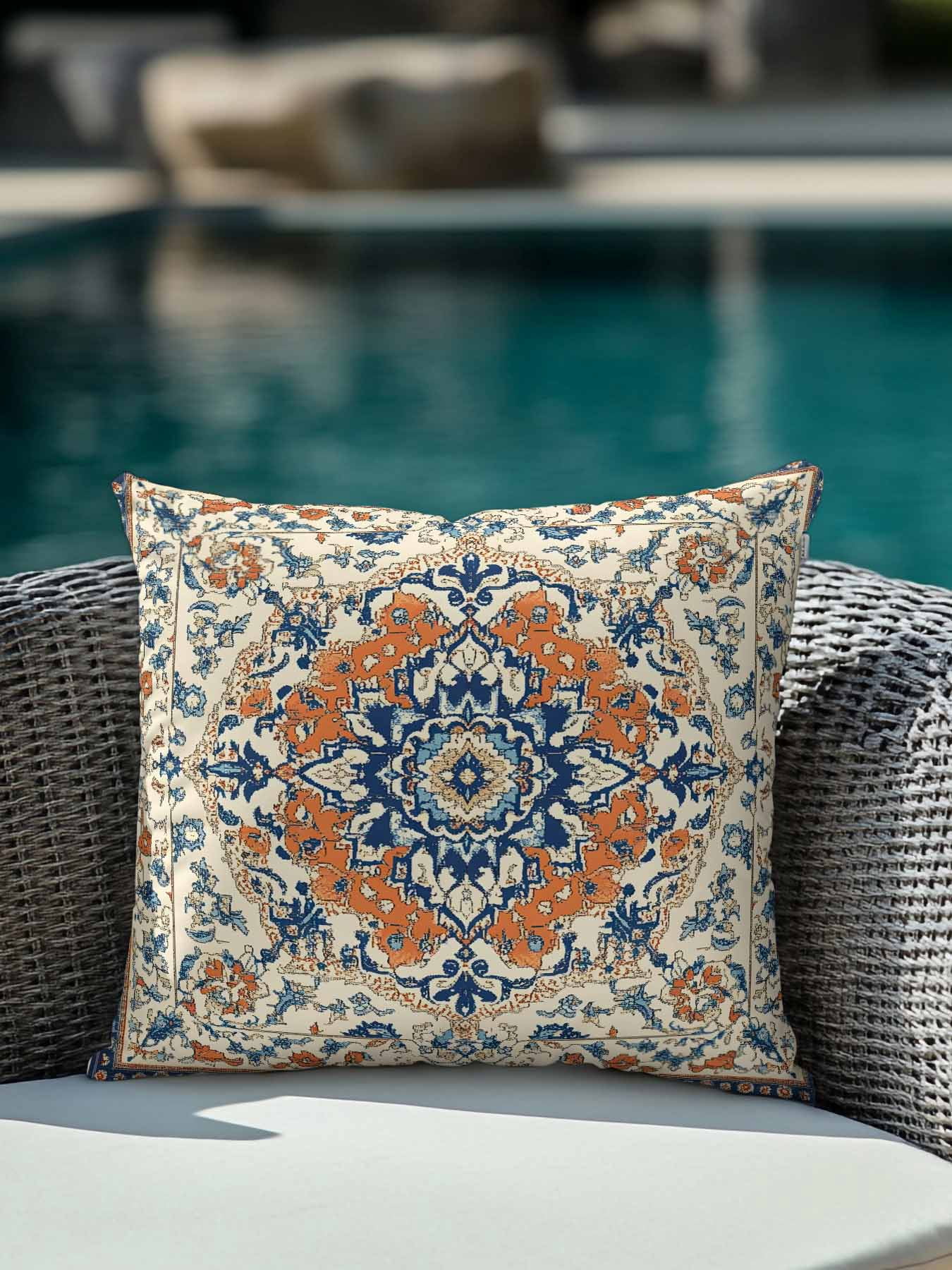 Outdoor Pillows Waterproof, Orange Blue Ethnic Rustic Bedding Throw Pillows with Insert for Couch Sofa Bed, Boho Southwestern Heritage 16x16 Inch Pillowcases Decorative Camping Patio Pillow Set of 1