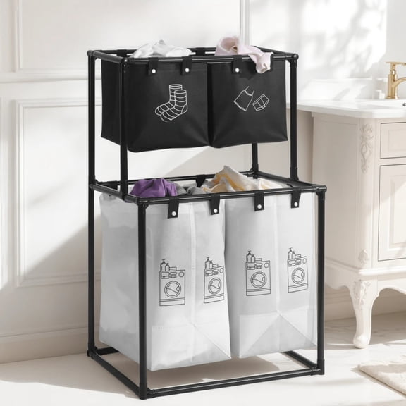 EASHZMFYTBF 2 Compartment Laundry Hamper - 2 Tier Laundry Sorter with Handles - Sturdy Metal Frame & Breathable Mesh Bags - Space Saving Foldable Clothes Organizer for Home, Apartment.