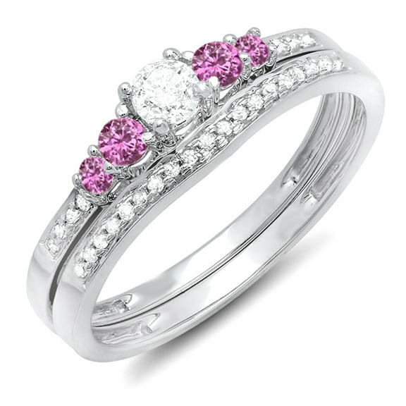 Dazzlingrock Collection 14K Round Pink Sapphire And White Diamond 5 Stone Bridal Engagement Ring Set, White Gold, Size 6