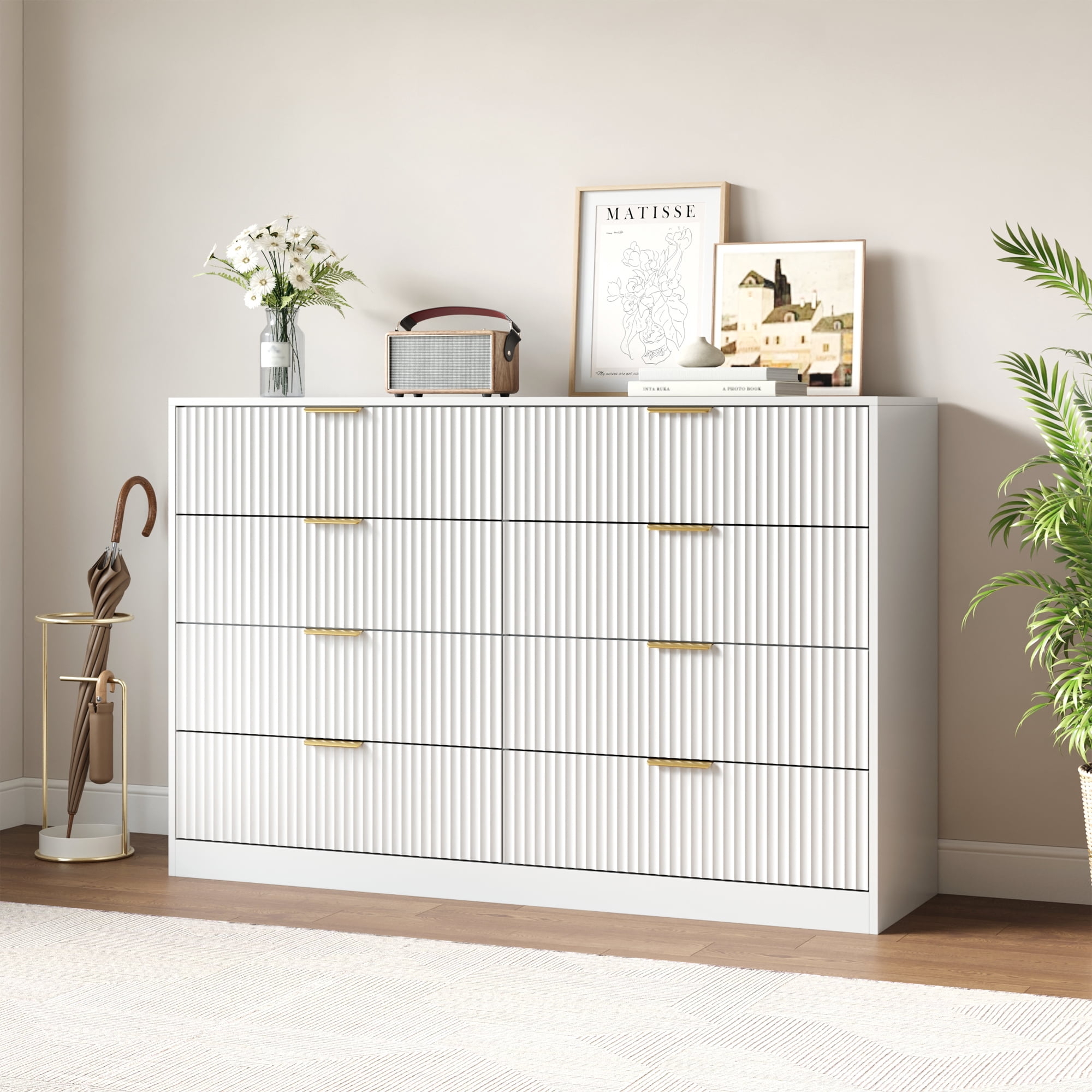 YouTrend White 8 Drawer Dresser with for Bedroom,Modern Adult Fluted Wood Chest of Drawer with Golden Embedded Handles for Living Room,Hallway