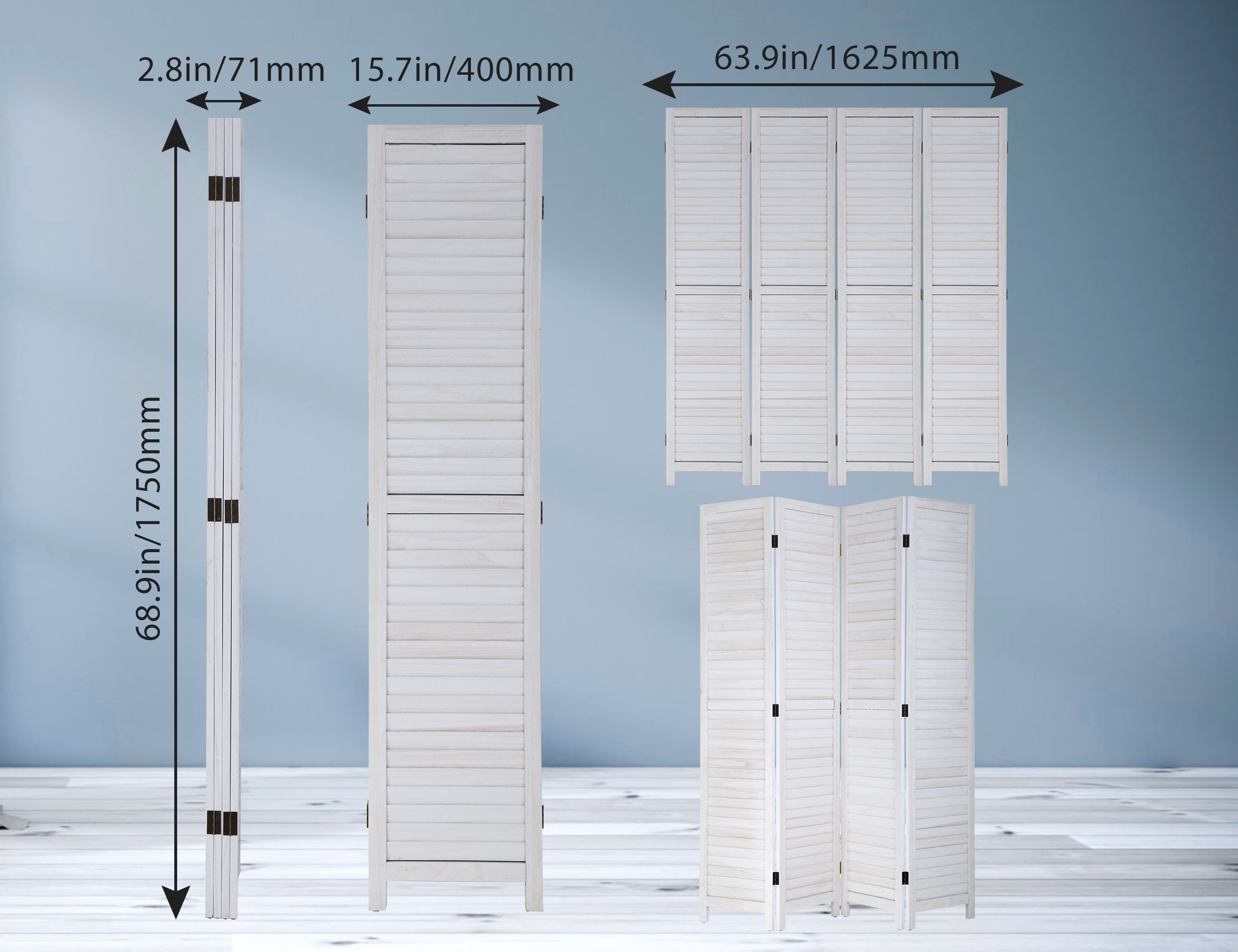 YRLLENSDAN 4 Panel Wood Room Divider White 5.6 Ft Tall Privacy Wall Divider 66.9" x 15.75" Each Panel Folding Wood Screen for Home Office Bedroom Restaurant (White)