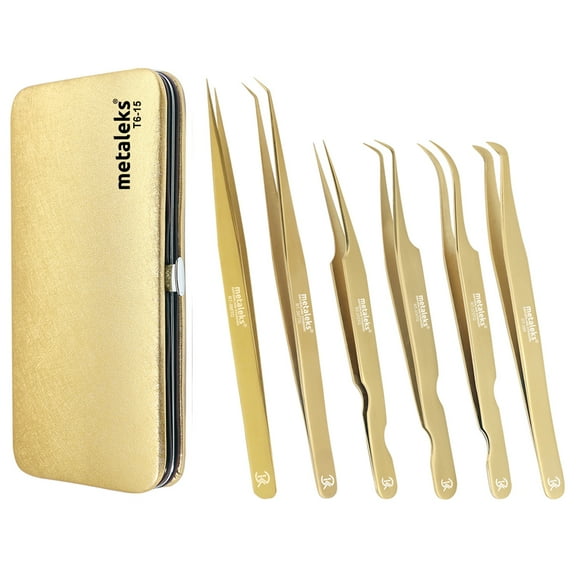6PCS Complete Gold Titanium Coated Volume Tweezers Eyelash Extension Set With Gold Metallic Magnetic Pouch