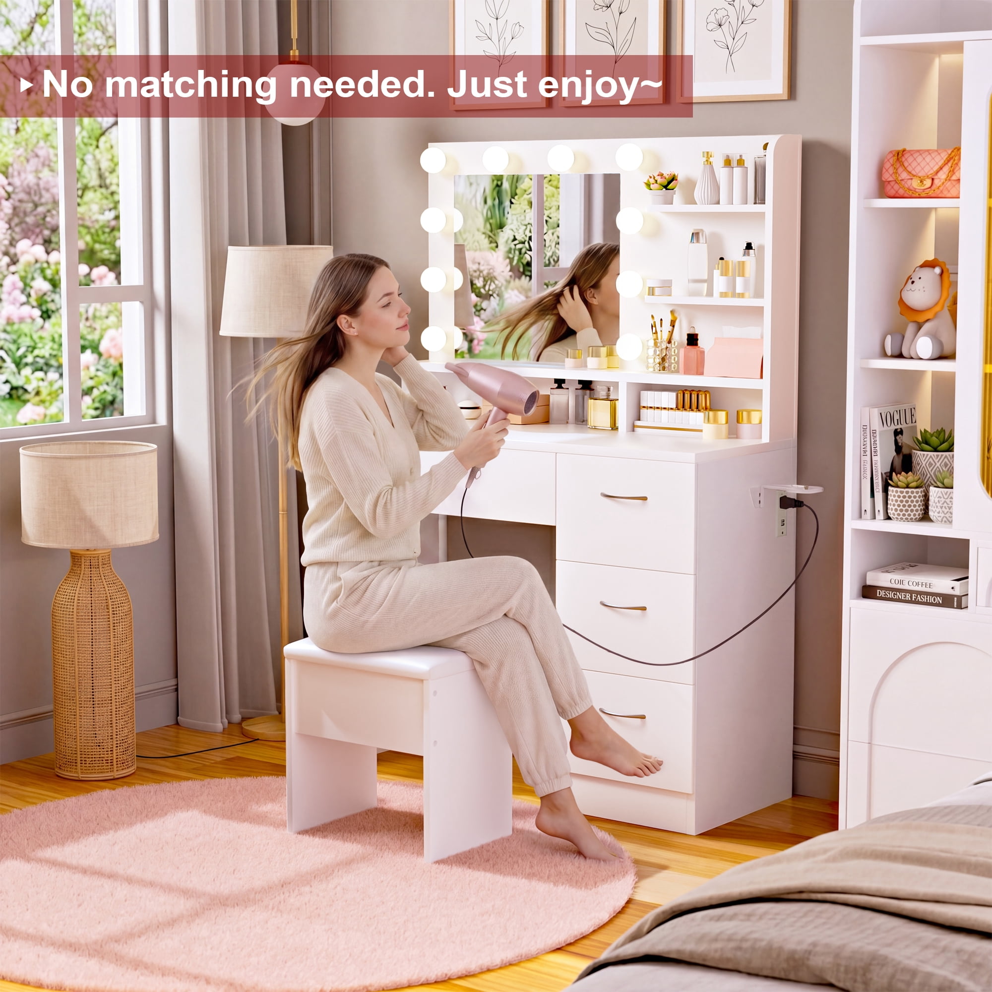 LIVELYGLOW Makeup Vanity Set with Stool, Lighted Mirror, Vanity Desk with 5 Shelves & 4 Drawers, Power Outlet & Hairdryer Holder, Vanity Dressing Table Perfect gift for Bedroom - White