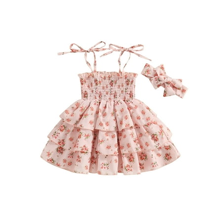 

Kids Baby Girls Dresses Headband Set Floral Off Shoulder Sleeveless Layered Ruffled Casual Princess Party Dress 6-12 Months