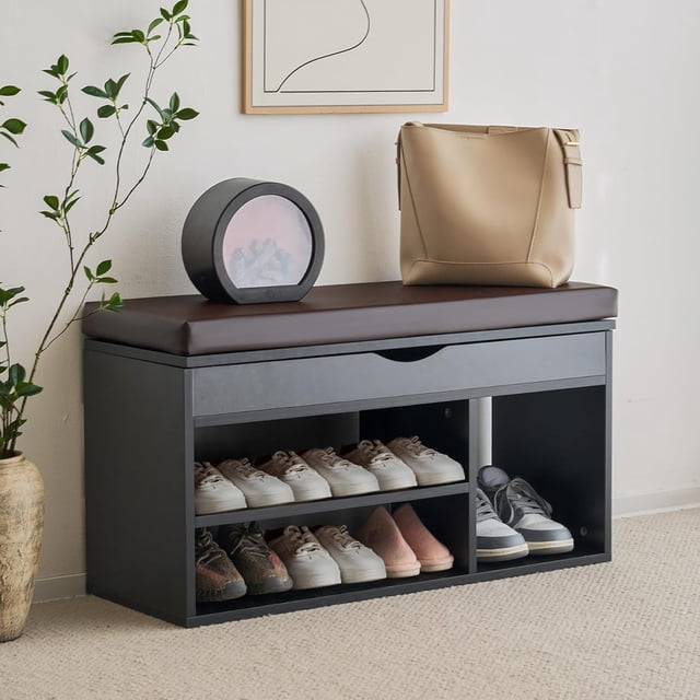 Banc de Rangement pour Chaussures avec Couvercle Rabattable Banc pour Entrée Pouces Banc de Rangement pour Chaussures avec Coussin Amovible en Cuir Pu pour Salon Hallyway