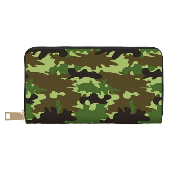 Leather Thin Slim Wallets for Women Men - Green Camouflage Clutch Card Wallet for Women Men with Zipper