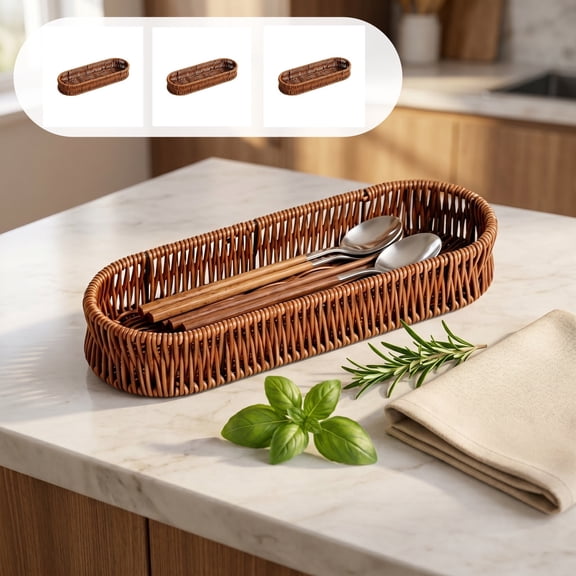 Hand-Woven Rectangular Rattan Look Kitchen Utensil Storage Basket, Flatware Caddy for Knives, forks and Spoons, Neat Organizer for Home Kitchen Tableware Sorting