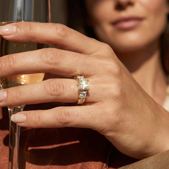 Pompeii 2ct Princess Cut Diamond 3 stone Engagement Ring 14K Yellow Gold (I/J,I1-I2)