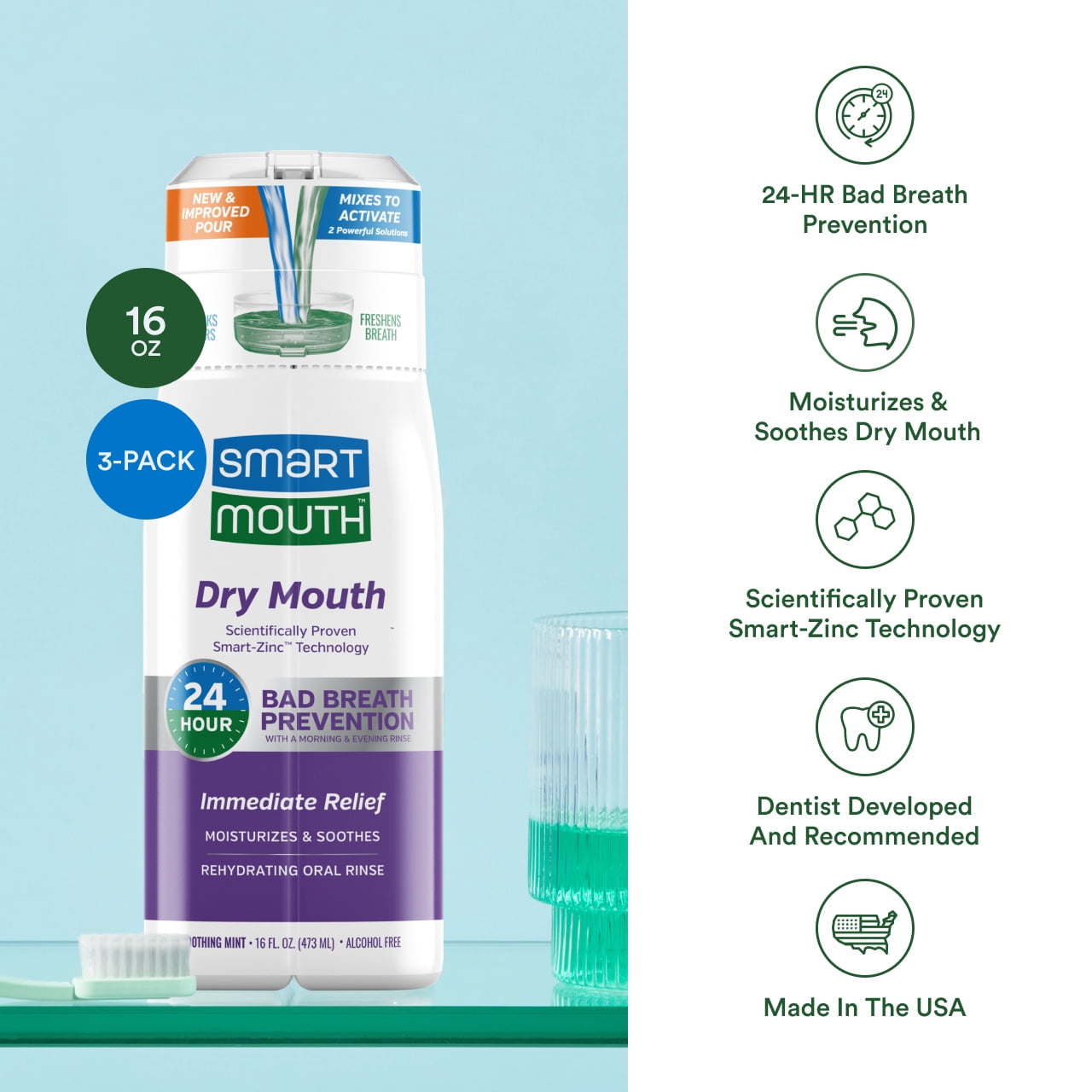 SmartMouth Activated Dry Mouth Mouthwash, Dry Mouth and Bad Breath Relief, Mint, 16 fl oz, 3 Pack